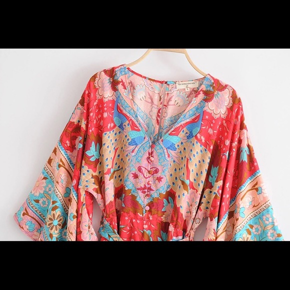 NEW Sexy Peacock Red Boho Lotus Kimono Romper - Picture 7 of 8
